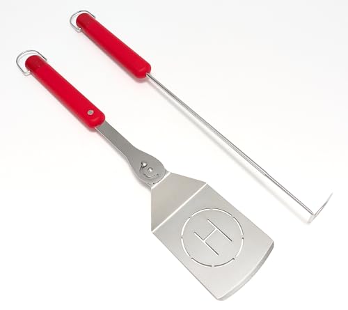 Henning Lee 2-Piece Grill Tool Set – Pivoting BBQ Spatula with 3 Adjustable Angles & Meat Hook – Heavy-Duty, Dishwasher Safe, Easy Storage Grilling Accessories (Red)
