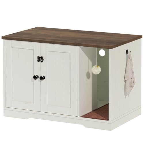 Timberer Cat Litter Box Enclosure, Litter Box Cabinet Hidden with Bell, Wooden Cat Washroom, Indoor Cat House, Rustic Brown and White