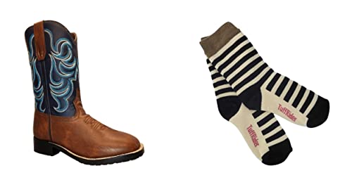 TuffRider Children's Zion Square Toe Western Boot- Brown w/Blue-With Free Assorted Striped Socks