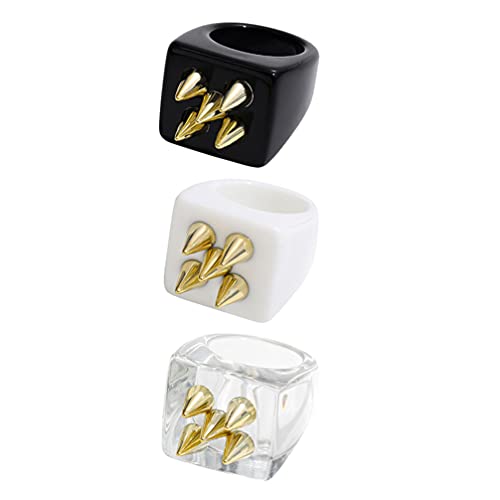 3pcs Resin Colorful Rings Cute Plain Simple Finger Ring Creative Fashion Girl Decoration for Girls Woman with Spiked (Black+ Transparent+ White) Black,white,transparent 3x1.8cm