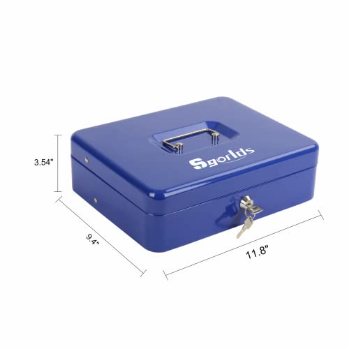 Polspag Cash Box With Lock And 2 Keys, Metal Money Box With Cash Tray, Lock Safe Box, 4 Bill/5 Coin Slots, 11.8L X 9.5W X 3.5H Inches (Key-Blue) #TOP5