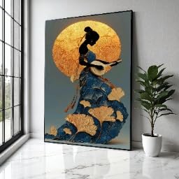 Tableau silhouette femme guitare toile artistique florale or et bleu 60x90cm