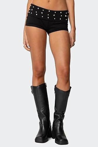 Cusghjbsg Damen Y2K Mini-Shorts mit Nieten, einfarbig, umklappbar, niedrige Taille, Skinny Micro-Shorts, Punk-Hose, Club, Streetwear, Schwarz A, S