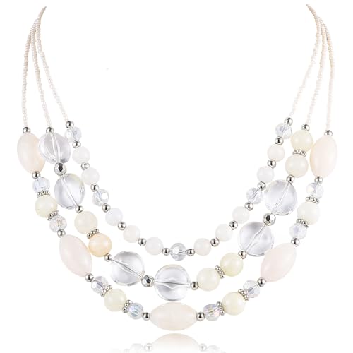 Image of FULU AUTUMN Layered Statement Necklaces for Women Chunky Beaded Necklaces Costume Jewellery Valentines Gifts for Her(Beige)