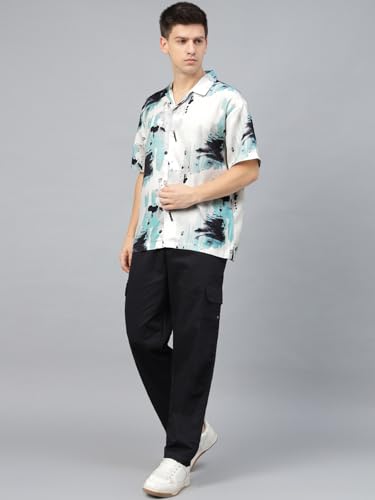 Image of Veirdo Poly Cotton Oversized Loose Baggy Fit Drop Shoulder Cool and Stylish Abstract Print Men Camp Collar Shirt