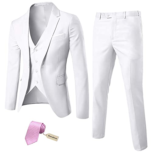 MYS Men's 3 Piece Slim Fit Suit Set, One Button Solid Jacket Vest Pants with Tie Natural White