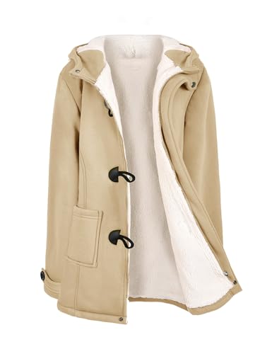 Nadeer Plüsch Jacken Für Damen Mantel Trenchcoat Kapuzenjacke Hornknöpfe Winter Parka Wollmäntel Winterjacke Fleece Hoodie Coat Pullover Kapuzen Wintermantel(Khaki,M)