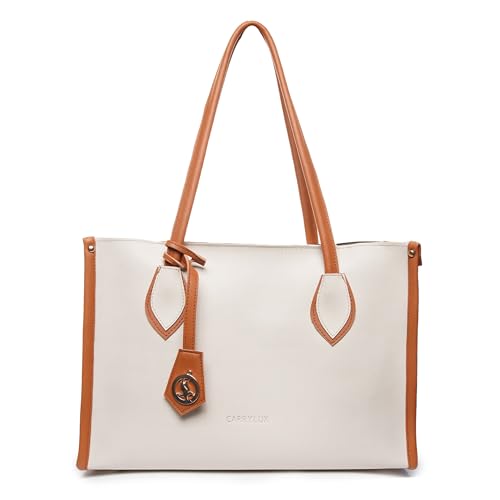 Image of Carrylux Women's Soft & Lightweight Tote Bag | Handbag | 14-inch Laptop Space | Ivory & Tan