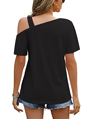 Jinkesi Women's Short Sleeve Tunic Tops Casual Summer Cold Shoulder Blouse Shirts Black-Large #TOP3