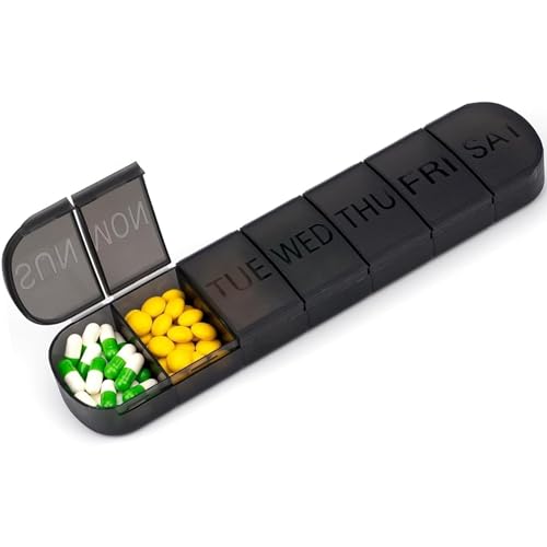Weekly Pill Box Organiser with Upgraded Open Design Black Large Pill Box 1 Time a Day Portable 7 Day Travel Tablet Box for Medications Vitamins and Supplements
