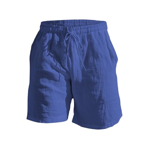 Pantalones de lino y algodón para hombre con cintura elástica, ligeros, transpirables, informales, con cordón, para la playa y uso diario, azul, XL
