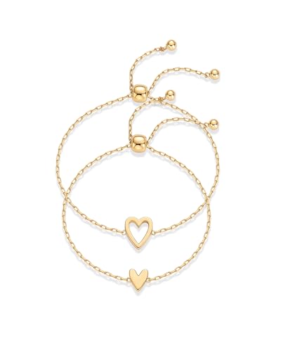 PAVOI 14K Yellow Gold Plated Matching Heart Charms Solitaire Bracelet Set for Women | Adjustable Love Friendship Two Bracelet Pack