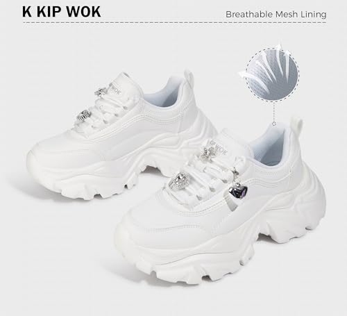 Image of K KIP WOK Chunky Sneakers for Women Fashion Platform White Leather Casual Dad Shoes Comfortable Wedge Walking Sport Sneakers