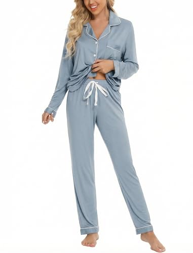 Leikar Button Up Pajamas for Women Long Sleeve Mist Blue Pjs Set Soft Dusty Blue Sleepwear Maternity Lounge Set