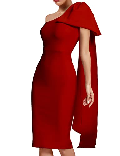 Image of UONBOX Women's One Shoulder Bowknot Long Sleeve Bodycon Knee Length Club Party Bandage Dress