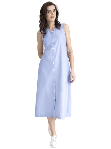 Image of FableStreet Women Casual Midi Cotton Button Down A-Line Dress | Button Down Flowly Dress Perfect for Outings