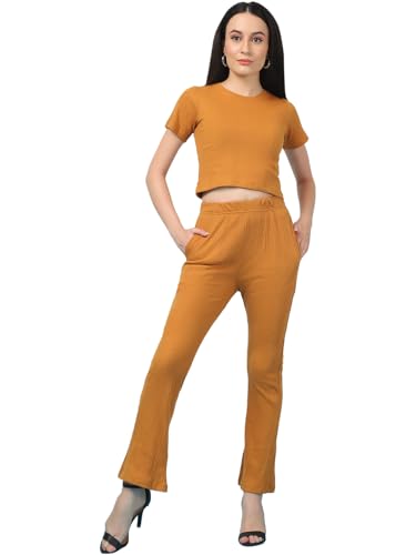 Image of Rigo Cotton Solid Co-ord Set for Women | Round Neck, Slim Fit Tracksuit Co-ords Set for Women | Two Piece Co ord Set | Casual Wear, Beach Wear, Vacation Wear Outfit for Women