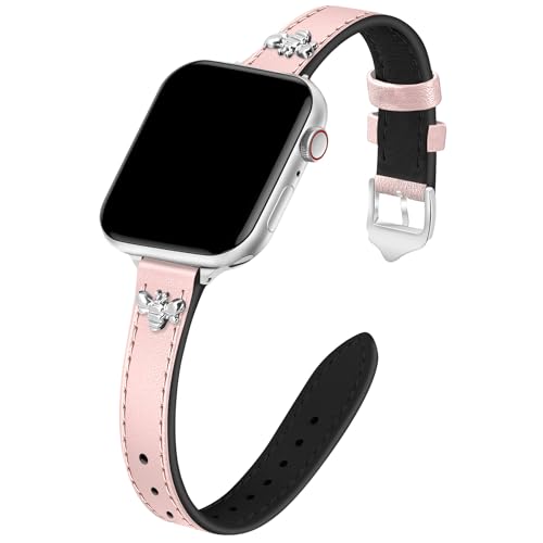 Image of JR.DM Slim Leather Bands Compatible with Apple Watch Band 38mm 40mm 41mm 42mm 44mm 45mm 46mm 49mm, Genuine Leather Band with Charms, Feminine Design for Iwatch Ultra SE Series 11 10 9 8 7 6 5 4 3 2 1