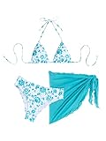 SHENHE Women's 3 Piece Floral Bikini Set with Wrap Coverup Halter Triangle Swimsuits Mint Blue Medium