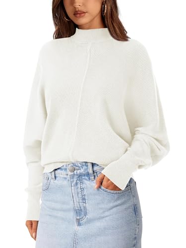 PRETTYGARDEN Fall Fashion 2024 Oversized Mock Neck Long Sleeve Batwing Sweaters for Women Casual Loose Ribbed Knit Tops(White,Small)