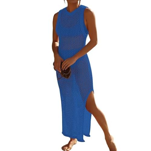 Bsubseach Crochet Cover Ups for Swimwear Women Hollow Out Swimsuit Coverup Backless Bikini Beach Dress Blue