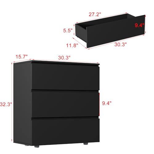 Image of Nightstand with 3 Drawers, Modern Bedroom End Table with No Handle, Wooden Bedside Storage Cabinet, Black 30.3 inch W x 32.3 inch H