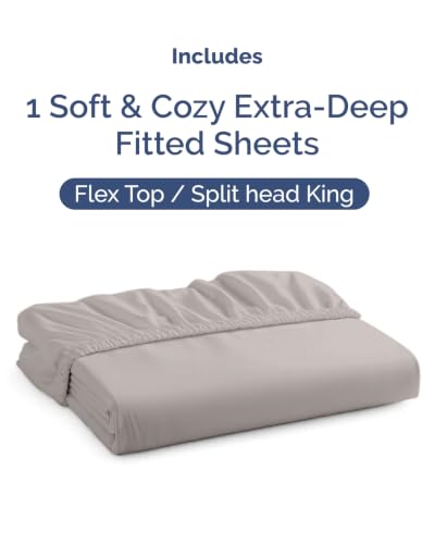 Image of Extra Deep Flex Top Split Head King Fitted Sheet - Hotel Luxury Single Fitted Sheet Only - Easily Fits 18 inch to 24 inch Mattress - Ultra Soft, Wrinkle Free w /Extra Deep Pockets - Light Grey