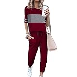 Kencey Tracksuits Womens Causel Loungewear Set Sweatsuits Lightweight Pajamas Set 2 Piece Outfits Vacation Travel Outfit Sleepwear Loungewear Burgundy and Grey, XX-Large D-9389-04-XXL