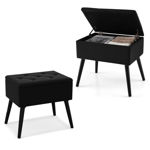 HOMASIS Puff Almacenaje, Baúl de Almacenaje Rectangular, con Asiento Acolchado Abatible, Taburete de Tocador de Terciopelo con Patas de Madera para Salón Dormitorio (Negro)