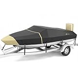 Rosefray 900D Boat Cover, Heavy Duty Waterproof Bass Boat Covers with Motor Cover Fits V-Hull/Tri-Hull/Fish/Ski/Runabout Boat,Fade-Proof Trailerable Boat Cover Fit 17'-19' L 96' Width Black/Beige