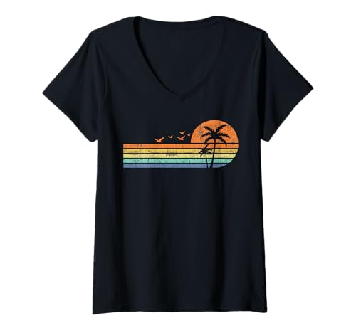 Femme Retro Style Tropical Vintage Sunset Palm Trees Beach T-Shirt avec Col en V