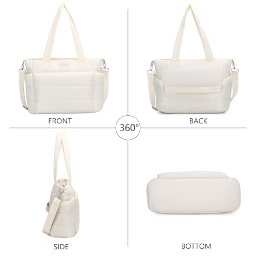 Barabum Tote Bag for Women with Long Strap, Lightweight Puffy Tote Bag with Compartments Quilted Shoulder Bag Handbag (White) — view 3
