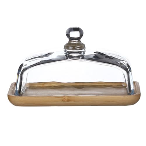 Vocdikficy de Mantequilla de Bambú con Tapa de Vidrio - Bandeja de Mantequilla Transparente para Refrigerador y Mostrador para Mantequilla, Bloque de Queso Crema y Servir