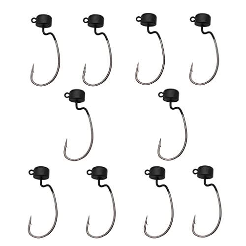 LOWIFAR Bass Hooks Ned Rig Finesse Shroom Jig Heads Fishing Mushroom Hooks Kit Head Crappie Jigs Hooks for Soft Lure (Black Ned Ewg-10pcs, 1/8oz-3.5g)