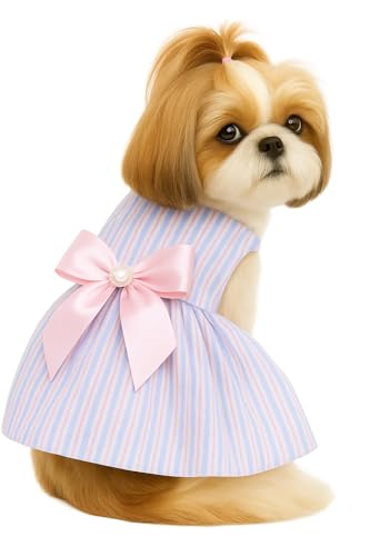 Image of KUTKUT cotton Frock Tutu Dress Small Dog Girl Puppy Clothes Female Princess Striped Skirt Summer Shirt Shihtzu, Cat Pet Apparel Outfits (Size: L, Chest: 45Cm, Length: 35Cm) - Blue, Pink, 1 count