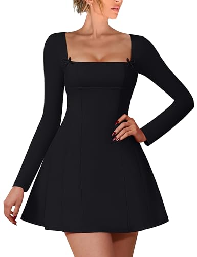 Women's Sexy Long Sleeve Square Neck Party Club A-line Short Mini Dress