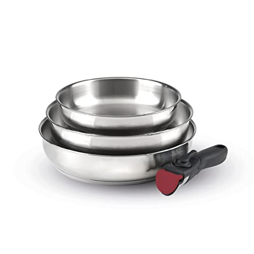 Qulinart by Brandt - Batterie de Cuisine à Induction 4 Pièces - Set de 3 Poêles en Inox 20, 24 et 26 cm avec Poignée Amovible - Acier Inoxydable - Lot pour Tout Feu - Sans PFOA - Argenté