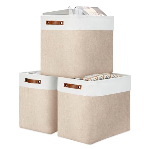 Image of DULLEMELO Large Storage Baskets for Organizing, Canvas Storage Bins Big Baskets With Handles for Shelf Clothes Empty Gift Basket (White&Khaki)