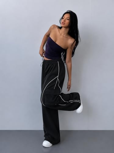 Image of Parachute Baggy Track Pant for Women | Korean Style Loose Fit Wide Leg Cargo Pockets | Piping Casual Trouser