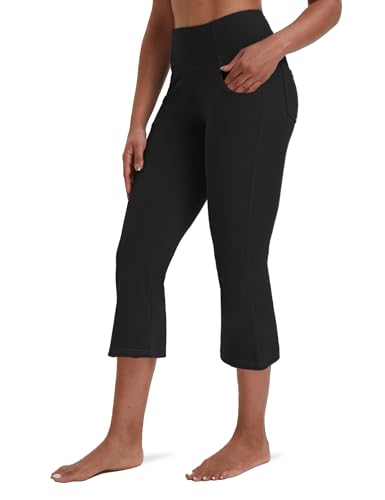 VOOVEEYA Women's Bootcut Yoga Pants, Wide Leg Leggings Flare High Waist with Pockets Petite/Regular/Tall?Bootcut Capri-Solid Black XL?