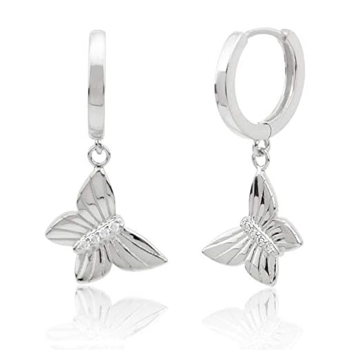 925 Sterling Silver Cute CZ Butterfly Charm Dangle Huggie Hoop Earrings for Women