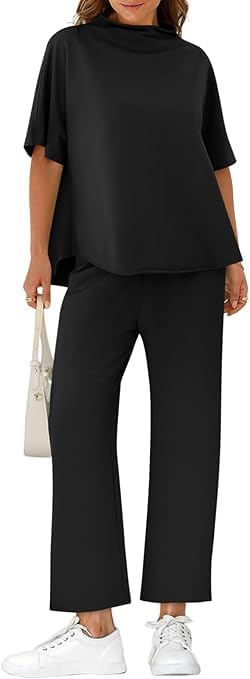 Womens Lounge Set 3/4 Batwing Sleeve Capelet Crew Neck Pullover Top Wide Leg Pants Two Piece Outfits