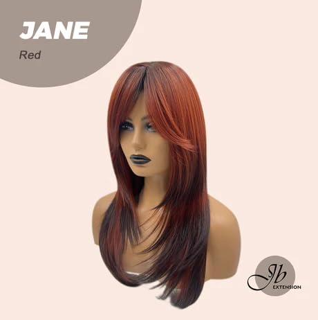 Miniatura 3 de Peluca de corte lobo, color rojo Jane, con flequillo en capas, raíces oscuras, extremos negros, mezcla de rubio, pelucas de cabello largo sin