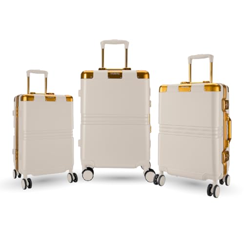 Image of Maleta Gold Series Set of 3 Trolley Bag | 20''+24''+28'' |Aluminium Frame, Dual TSA Lock,Corner Protection | Luggage Bags | Suitcase for Travel (White, Set of 3 (Small-Medium-Large))