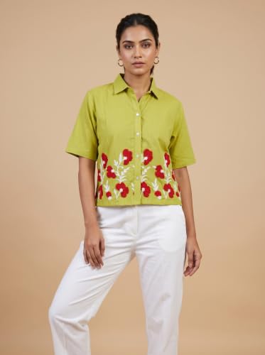 Image of Stylish Women's Embroidered Shirts | Geometric Pattern Half Sleeve Collared Button-Up Casual Shirt for Women