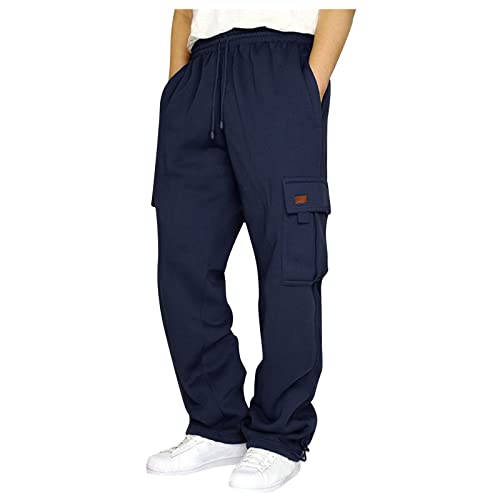 Cargo Sweatpants for Men Wide Leg Pants Relaxed Jogger Baggy Fleece Lined Elastic Waist Athletic Workout Pant