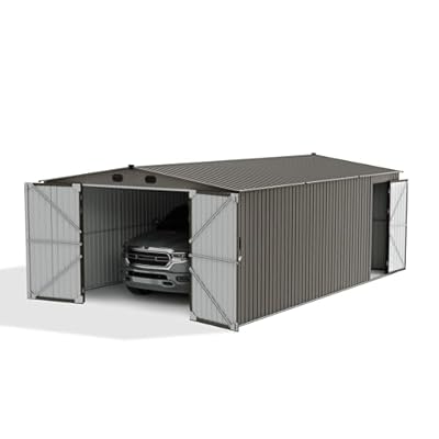 Sunjoy Outdoor Storage Shed 13 x 20 ft. Carport, Patio Metal Utility Large Storage Shed Garage with 2 Doors and 4 Vents, for Car, Truck, Bike, Garbage Can, Tool, Lawnmower, Light Grey