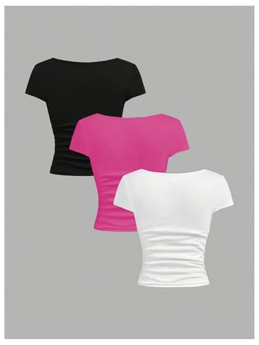 Image of SOLY HUX Girl's Short Sleeve T Shirts 3 Piece Basic Scoop Neck Tees Slim Fit Casual Summer Tops