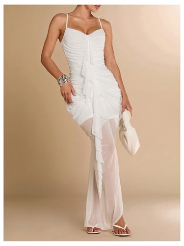 Image of Floerns Women's Ruffle Ruched Cami Dress Draped Split Elegant Bodycon Maxi Dresses