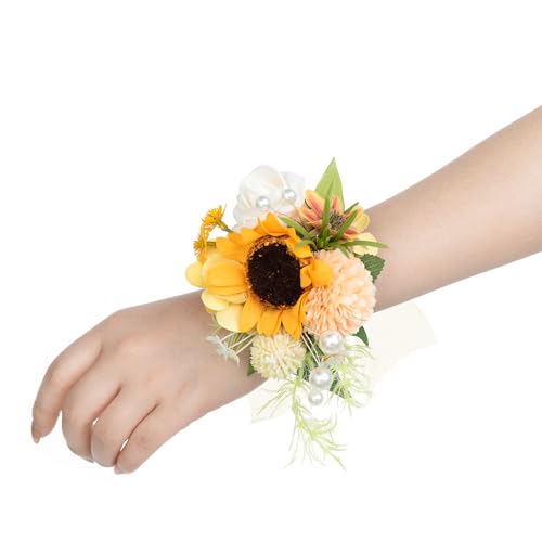 Ling's Moment 2pcs Wrist Shoulder Corsage for Wedding, Prom Corsage Wristlet, Artificial Flowers for Homecoming/Anniversary,etc. Sunflower Yellow